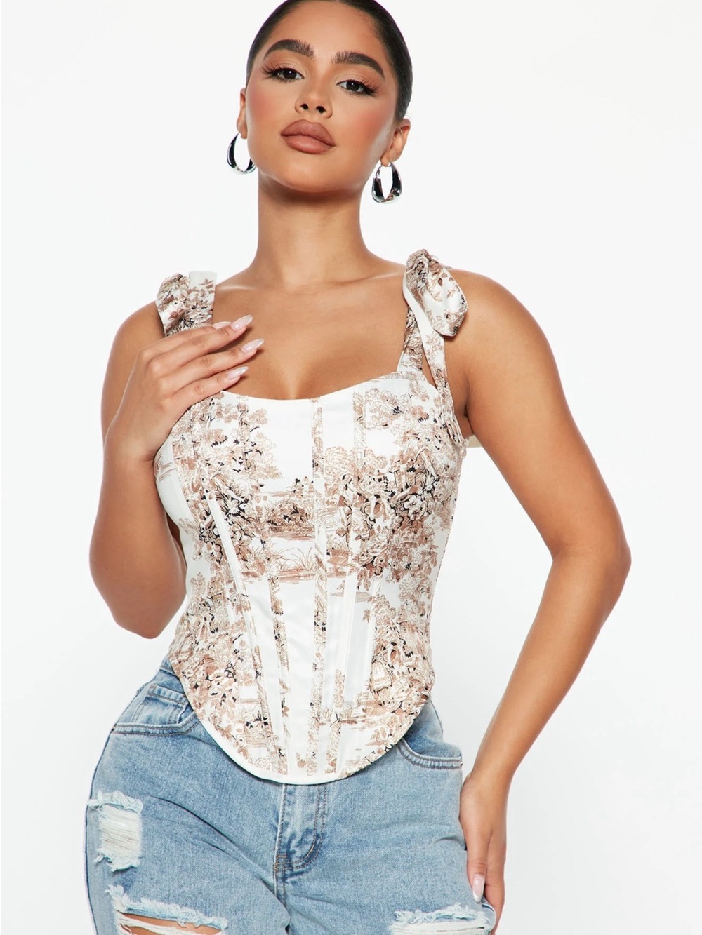 Floral Tie-Shoulder Corset Top in Cream and Beige